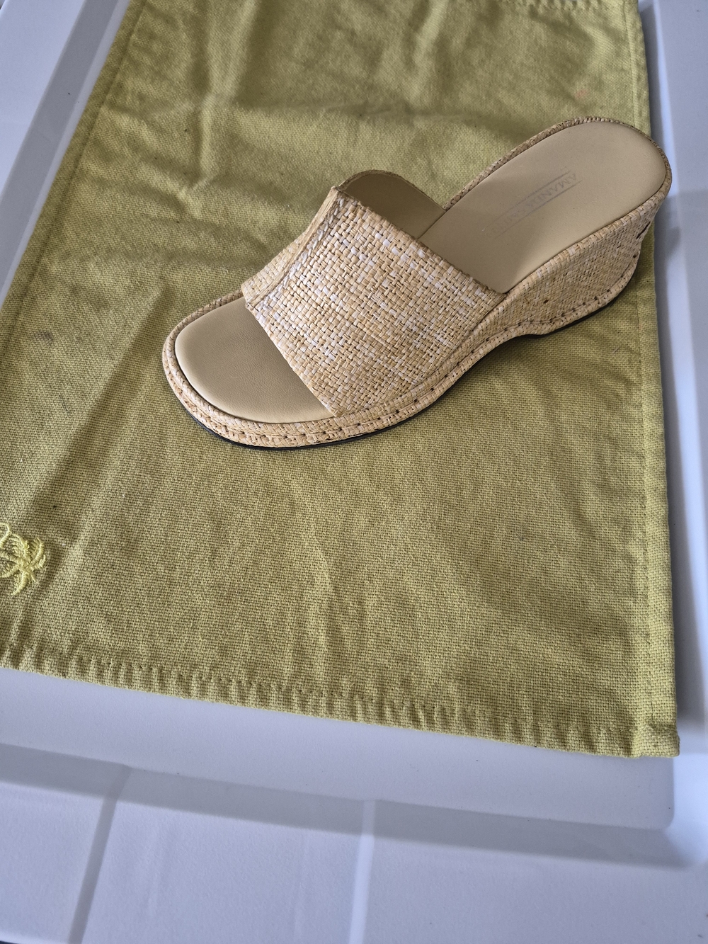 Amanda Smith Natural Tan Woven Wedge Slide Sandals